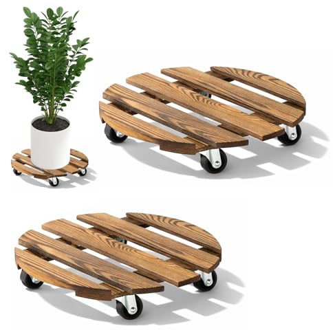 Pflanzenroller Rund 40x40cm, 2 Stuck Blumenroller Rollbrett Rund, Pflanzen Rollbrett Tragkraft 90Kg, Pflanzenroller Outdoor, Blumentopf Untersetzer Mit Rollen, Blumenuntersetzer Rund mit Rollen