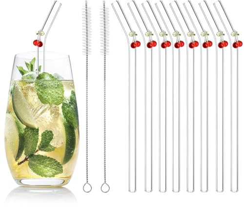 10 PCS Glass Straws with Charms, 8 Durable Christmas Glass Straws with 2 Cleaning Brushes, Milk Straw by Curved Design, Cute and Fashionable Drinking Straw for Smoothie and Milk