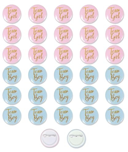 Xvbhaq 32 Stück Geschlecht Offenbar Button 4,3cm Rund Pinback Abzeichen Team Boy Team Girl Pin Anstecker Baby Shower Party Deko Geschlecht Offenbar Party Dekoration Zubehör (Blau & Rosa)