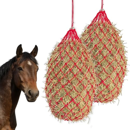 2 Stück Heunetz für Pferde Groß 10 KG,Heunetz Engmaschig 10x10 cm,Heutasche Pferd,Rundballen Heusack für Pferde für Artgerechte Fütterung,Heuball pferd Verbessert Verdauung, (Rot)