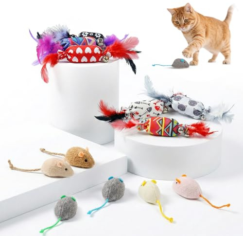 Katyjun Katzenspielzeug Maus 12-teiliges Set zur Unterhaltung und Interaktion Katzenminze Spielzeug Kaugeeignet und Zahnpflege Katzen Spielzeug Steigert Aktivität und Vertreibt Langeweile