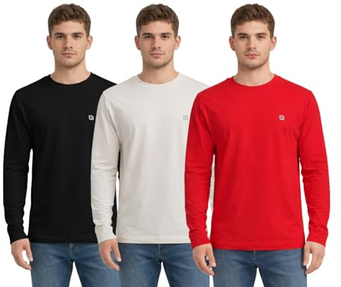Bahob® 3 Pack Men's Long-Sleeved T-Shirt Round Neck T-Shirts Comfortable Crewneck Neck Tops for Men Soft Cotton S-3XL (UK, Alpha, M, Regular, Regular, MFTS-160-G)