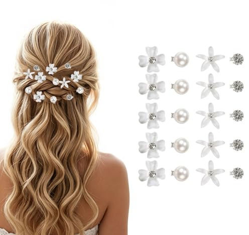 Floruvia 20 piezas de horquillas pequeñas con flores, mini pasadores de metal con strass para mujer, clips de pelo para novias y chicas, accesorios para el cabello para bodas (blanco)