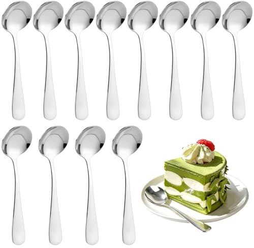 12 cucchiaini da caffè in acciaio inox, 12,6 cm, lucidati a specchio, cucchiaini da dessert con manici rotondi color argento, per casa, ristoranti, mense, lavabili in lavastoviglie