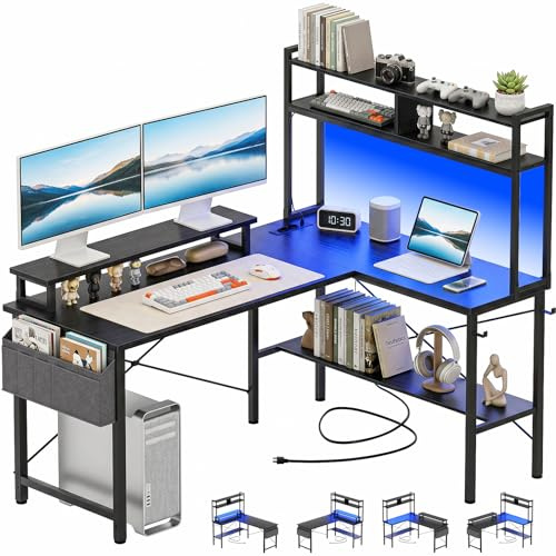Homieasy Mesa Gaming en L 124cm con LED y Enchufes, Negro