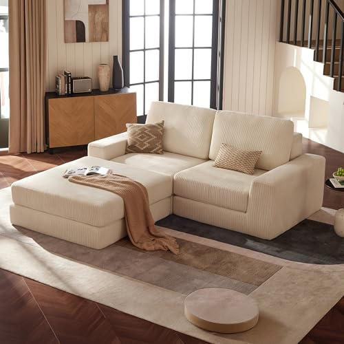 Vorthio Modulares Cord Schlafsofa 204 cm, Boneless Couch 2-Sitzer Ecksofa mit Hocker, Sofa mit Schlaffunktion & tiefer Sitzfläche, Bodensofa ohne Montage für Wohnzimmer, Schlafzimmer & Wohnung, Weiß