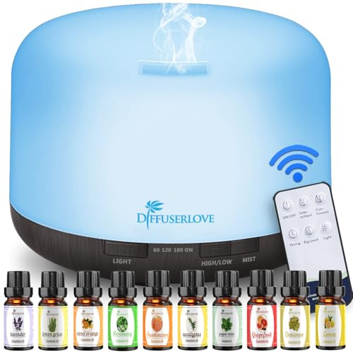 Diffuserlove Essential Oil Diffuser 500ML Aromatherapy Diffuser Mist Humidifiers 7 Color LED Lights Diffusers for Home Office Bedroom (Size:6.7 L x 6.7 W x 4.7 H)