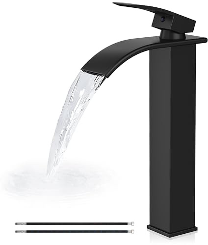 Airuida Vessel Sink Faucet, Tall Waterfall Bathroom Faucet, Single Handle One Hole Mixer Bowl Tap with Large Rectangular Spout, Bar Sink Faucet Lavatory Vanity- Matte Black