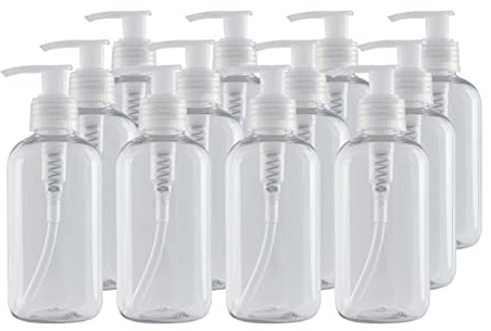 Bote dispensador de Gel rellenable 200 ml. Frasco hermético de plástico Pet Transparente para jabón, champú, lociones, hidroalcohol. (12 Unidades)