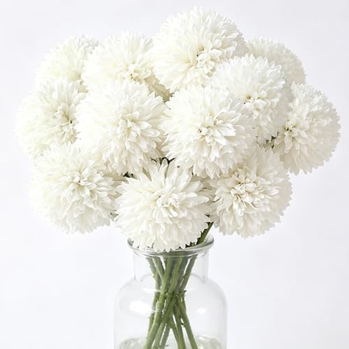 Tinsow Künstliche Blumen, Chrysanthemenstrauß, Seide, Weiß, Brautstrauß für Zuhause, Garten, Party, Hochzeitsdekoration, 12 Stück (Weiß, 12) | Seiden-Chrysanthemen-Kugelpflanzen, künstliche Mütter, Blumenarrangements für Zuhause, Garten, Party, Hochzeit, Dekoration