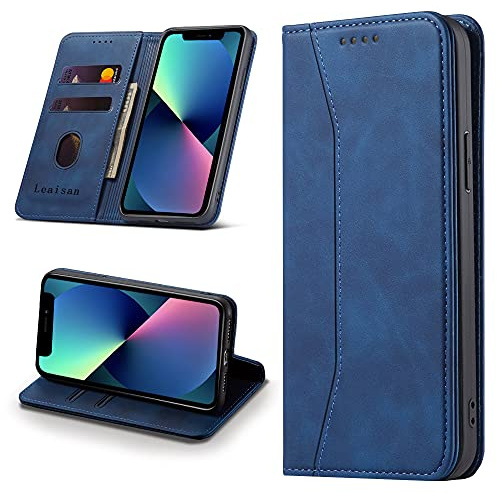 Leaisan Handyhülle für iPhone 13 Mini Hülle Premium Leder Flip Klappbare Stoßfeste Magnetische [Standfunktion] [Kartenfächern] Schutzhülle für iPhone 13 Mini Tasche - Blau