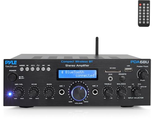 Pyle Wireless Bluetooth Power Amplifier System- 200W Dual Channel Sound Audio Stereo Receiver w/ USB, SD, AUX, MIC in w/ Echo, Radio, LCD, for Home Theater Entertainment via RCA, Studio Use- PDA6BU.7