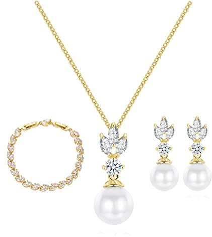 CRASLYMO Schmuckset Silber 925 für Damen Frauen, Hochzeit Schmuckset Perlen Ohrringe Halskette Armband | Goldene/Rosegold Brautschmuck Set mit 5A Funkeln Zirkonia Geschenk für Braut Brautjungfer