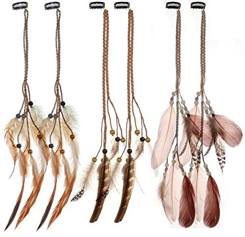 MWOOT 6 Piezas Clips de Pelo Pluma, Extensiones de Cabello Bohemios Hechas a Mano con Clips, 3 Estilo Feather Hair Clips para Mujeres,Indio Tocado de Plumas para Halloween Carnaval Cosplay Decoración