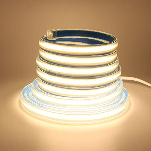 Wisada COB LED Streifen 20m,220V 280 LEDs/m FCOB LED Band CRI≥90, Wasserdichte Hohe Dichte Flexibler Superhell Warmweiß COB LED Lichtband mit Stecker für Schlafzimmer, Schrankbeleuchtung