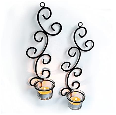 Lily’s Home Deco Swirl Wall Sconce Tea Light Candle Holders, Steel, Black, Set of 2, with 2 Clear Glass Tealight Candle Holders