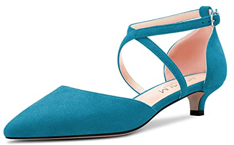 HDEUOLM Mujer Bajos Gatito Cerrado el Dedo del pie Puntiaguada Punta Sandalias Correa Tobillo Correa Cruzada Cierre con Hebilla Pumps de Boda Sexy 3.5 CM Heels Zapatos Azul Ante B 37 EU