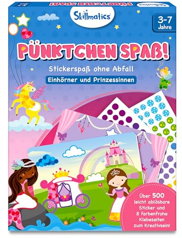 Skillmatics Bastelaktivität - Pünktchen spaß! | Stickerkunst ohne Saubermachen, Geschenke für Kinder von 3 bis 7, Vervollständige 8 Bilder voller Prinzessinnen & Einhörner