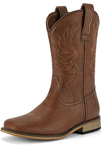 Rollda Kids Cowboy Boots for Boys Girls Western Square Toe Cowgirl Boots with Walking Heel (Toddler/Little Kid/Big Kid), Pull-on Tabs