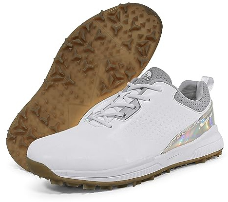 Scarpe da Golf da Uomo, Sneakers da Golf Casual Traspiranti, Scarpe da Ginnastica Classiche Antiscivolo con Tacchetti per Allenamento da Golf, Stivali da Golf Senza Punte White&Silver, 45