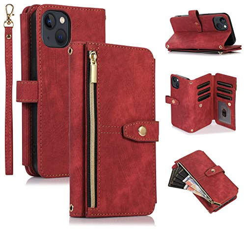 UEEBAI Étui pour iPhone 15 6.1 inch, Portefeuille Cuir PU Rétro Rabat Antichoc Housse avec Dragonne Fentes Cartes Fonction Support Fermeture Magnétique Protection complète - Vintage Rouge
