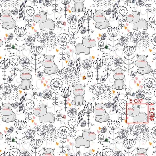 Textrend Meterware Kinder Baumwollstoff - Nähstoff - Kinderstoffe - Tiere - 100% Baumwolle - Textilien 1x1.6m (Nilpferde mit Blumen auf weißem Hintergrund)