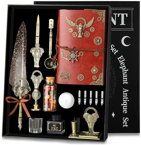 NC Feather Pen Ink Set,with Quill Pen,Notebook,5 Replaceable Nibs,Ink,Pen Holder,Stamp,Spoon,Wax Beads, White Wax,Cup,Envelopes and Letter Paper Etc.Beautiful Gift Calligraphy Set.(Grey)