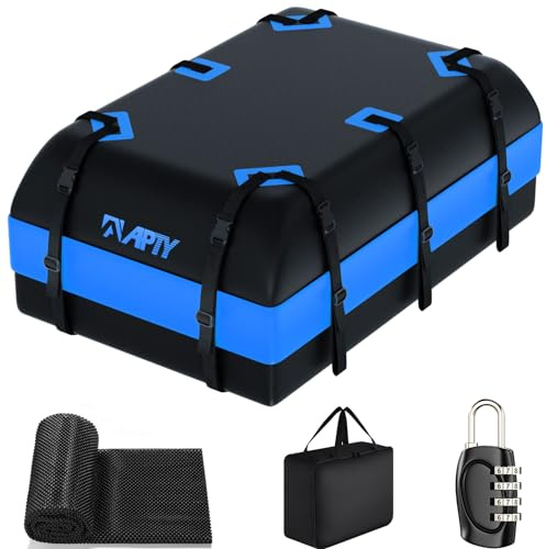 APTY 21 Cubic Feet Car Rooftop Cargo Bag Carrier, Soft Roof Top Luggage Bag for All Vechicles with/Without Racks - with Waterproof Zip, Luggage Lock, Anti-Slip Mat, Storage Bag, Door Hooks, Blue