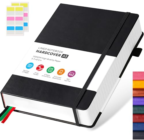 Notizbuch A5 Liniert, Tagebuch Leder, Hardcover 320 Seiten Dickes Journal Notizblock für Erwachsene Arbeit, Schreiben, Notizen, Lernen, Reisen, 14 x 21 cm, Schwarz