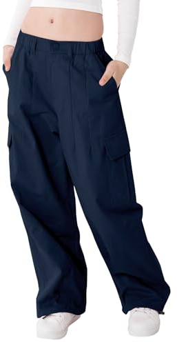 Rolanko Pantaloni Cargo da Ragazza, Pantaloni Larghi in Cotone con Vita Elasticizzata e Tasche Multiple per Bambini di 6-15 Anni, Blu Marino, Taglia: 160