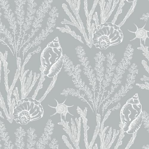 Yomshi Self Adhesive Wallpaper Silver Sea Life Contact Paper Grey Peel and Stick Wallpaper Seaweed Shells Wallpaper 41×300cm Waterproof Vinyl Film for Living Room Bedroom Bathroom