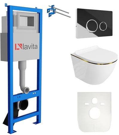 Lavita LAV 101 Élément mural avant pour WC 40 cm + suspension murale évier profond WC SOFI Slim Gold Line sans rebord de chasse + panneau de commande LAV 200.4.2 chromé | kit complet | évier encastré