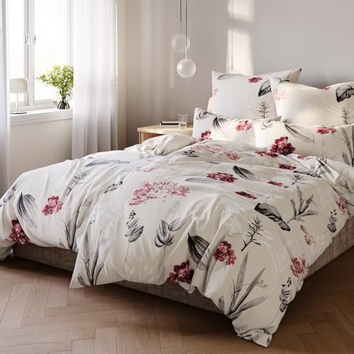 Pure Label Blumen Bettwäsche Set 4tlg 135x200 80x80 aus Baumwolle | Waschbar bei 60∘C - Atmungsaktiv für Sommer & Winter - pflegeleicht
