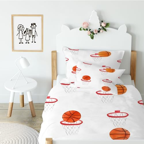 Syhi Mdse Kinderbettwäsche 100x135 mit Basketball Motiv - 100% Microfaser - Baby Bettwäsche Sport Modern mit Reißverschluss + Kissenbuzug 40x60 - Orange Grau