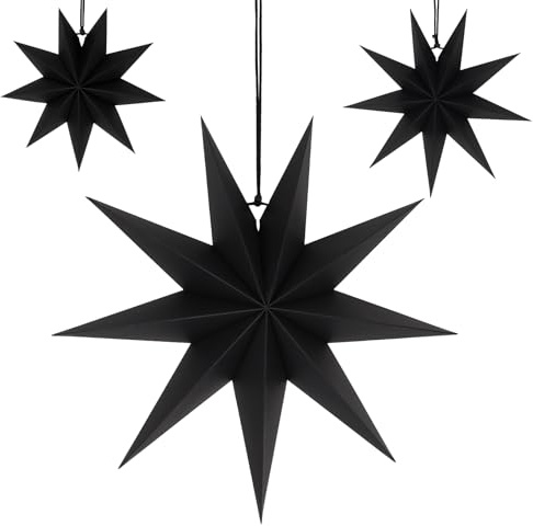 Papiersterne Weihnachten 40cm & 30cm & 25cm - Schwarz, 3er - 9 Zackig Stern zum Weihnachtskugel Aufhängen Faltstern Weihnachten Papier Stern Weihnachts Set Dekoration