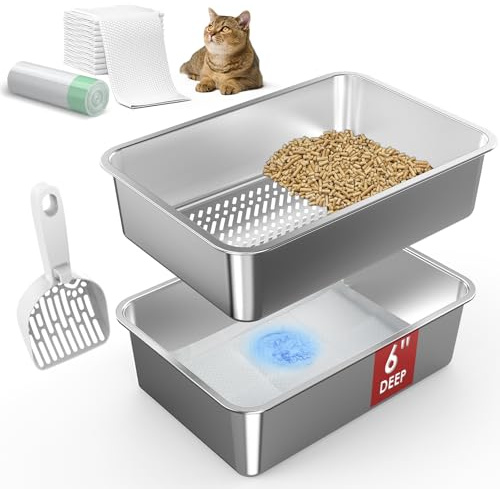 suzzipaws Bac à litière en Acier Inoxydable de 50 x 35 x 15 cm avec Couvercle Ouvert pour granulés de pin, système de bac à litière en métal avec Coussinets et doublures, contrôle des odeurs, Faible