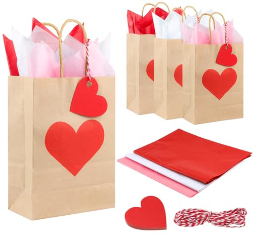 TaoQ C 12-pack alla hjärtans dag presentpåsar med handtag, hjärtmönster, brunt kraftpapper, 15 x 7,5 x 20 cm, perfekt för alla hjärtans dag, bröllop, födelsedagar
