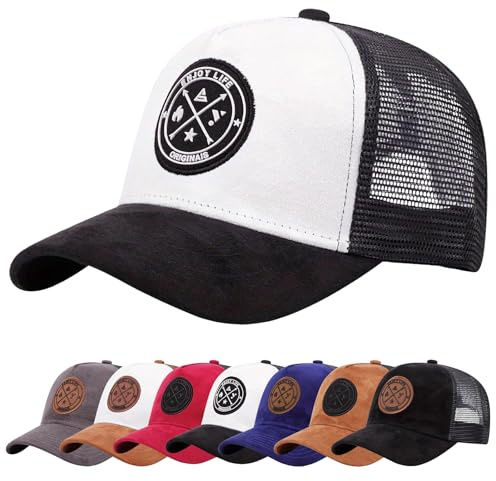 Enwokran Casquette de Baseball Réglable Unisexe Anti-UV Protection Ajustable Boucle en Metal Trucker Hip-hop Cap Broderie Maille Golf Voyages Sport Chapeau (Noir Blanc)