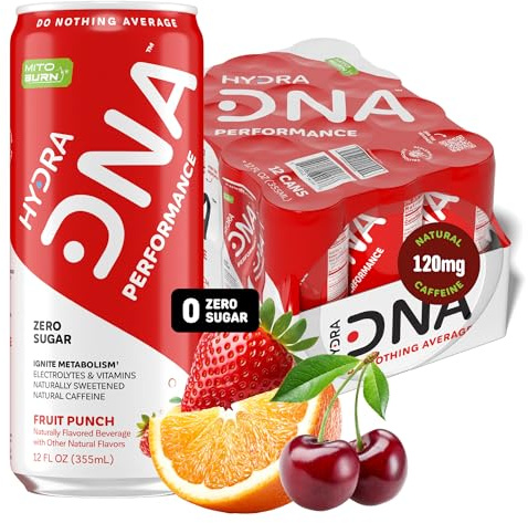 HYDRADNA- Clean Performance Drink, Zero Sugar | For Natural Fuel, Alertness, Boost, Stamina,120 mg Organic Caffeine, Natural Flavors, Zero Sucralose, Clean Ingredients (12 Pack) (12 Pack, Fruit Punch)