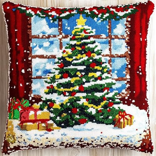 AxiangziK Weihnachten Knüpfkissen Set,Weihnachtsbaum,für Kinder oder Anfänger Erwachsene zum Selber Knüpfen,DIY Knüpfteppich Knüpfpackung,Knüpfhaken Set,17x17in