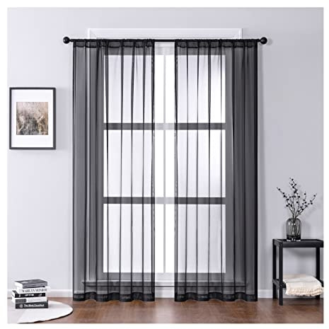 Juego de 2 cortinas traslúcidas negras de 96 x 115 cm, sin taladrar, para sala de estar, cocina, balcón, decoración de ventanas, tela de gasa ligera