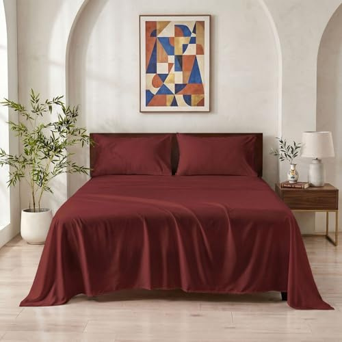 Meteorwi Home - Juego de Sábanas 4 Piezas 135x200cm - Microfibra Suave Transpirable - Sábana Bajera Ajustable, Sábana Encimera y 2 Fundas de Almohada (Burdeos, Cama 135)