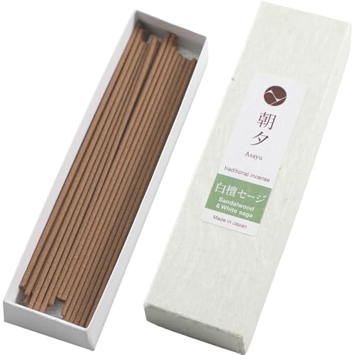 Asayu Japan Traditionelle Räucherstäbchen, Sandelholz und weißer Salbei, Duftduft, 20 g, für Morgenmeditation, Entspannung oder Yoga, hergestellt in Japan, Mischung aus Sandelholz und weißem Salbei