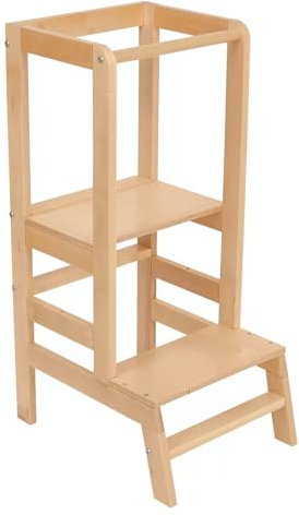 Shefa Kids Lernturm ab 1 Jahr – Höhenverstellbarer Lernstuhl für Kinder aus Massivholz Birke Natur – Tritthocker mit 3 Stufen, stabil & mitwachsend, bis 60 kg belastbar, für Küche & Bad