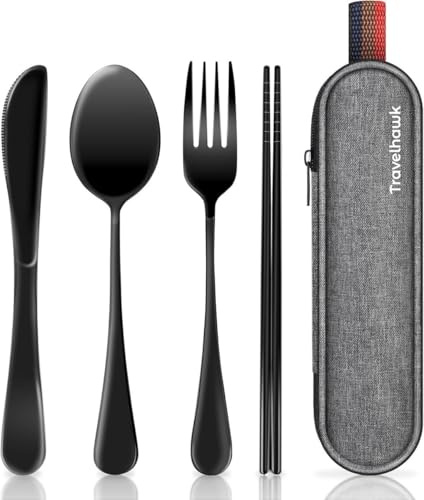 TravelHawk Camping Besteck Edelstahl - 4-Teilig - Reisebesteck mit Etui, Wiederverwendbar Löffel, Gabeln, Messer und Essstäbchen, Spülmaschinenfest, Ideal für Reisen, Camping, Picknick, Arbeit
