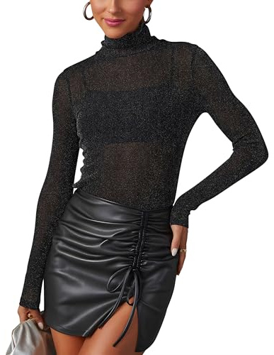 Mujer Tops de Malla Transparente con Purpurina Camiseta Transparente de Manga Larga Sexy Tops