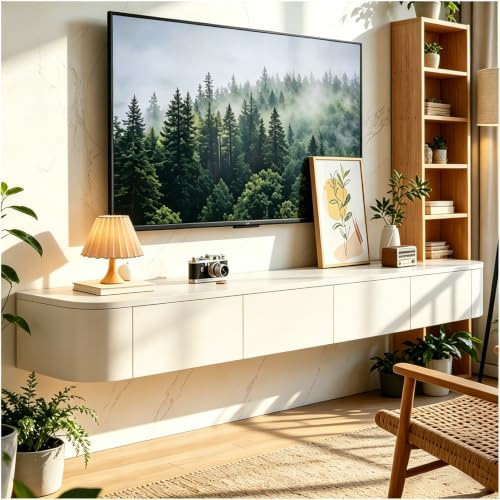 TV Board Hängend, Hängeschrank Wohnwan, Fernsehtisch, Stehend/Hängend, Hängeboard Schwebend, Moderner Fernsehtisch Mit Stauraum, TV Tisch Für Wohnzimmer Und Esszimmer Aus Massivholz (Weiß, 240cm)