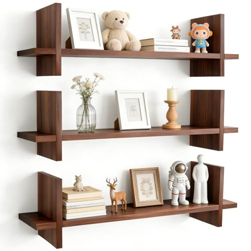 Hoyiyobi 3er Set Wandregal Holz, Regal Wand aus Kiefernholz 40cm, Schwebendes Regal, Wandaufbewahrung für Küche, Wohnzimmer, Schlafzimmer Deko (Braun)
