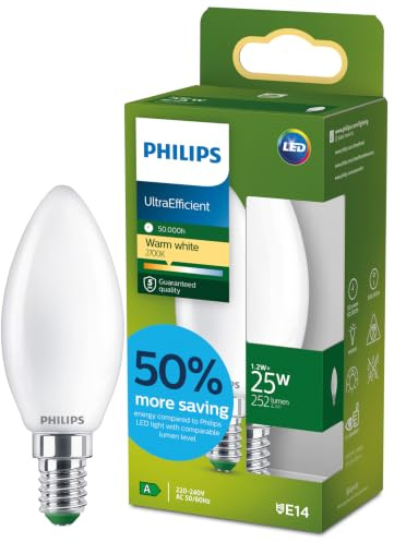 Philips LED UltraEfficient Frostad B35 ljuskälla, E14 sockel, energiklass A, 252 lm, 25W ekvivalent, varmvit (2700K), EyeComfort, 50 000 timmar, 1 förpackning