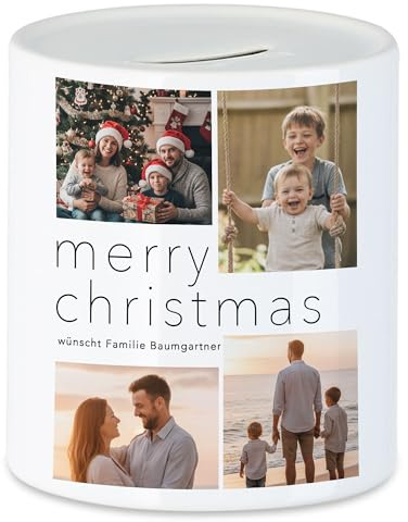Kiddle-Design Spardose zu Weihnachten mit eigenen Fotos selbst gestalten, Familien Fotogeschenk als Sparbüchse mit Namen, Bildern und Text Bedrucken, Merry Christmas Geldgeschenk, Wunscherfüller